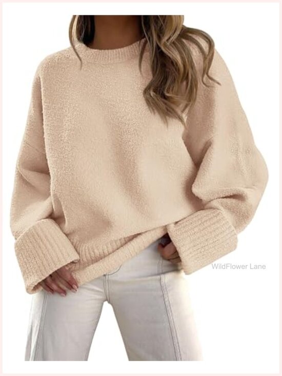 Sweaters - Women's Oversized Fuzzy Crewneck Pullover Sweater Long Sleeve Cozy Fall Chunky